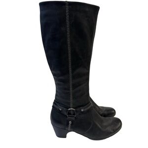 Reiker Leather Black Knee High 2” Heeled Boots Embroidery & Buckle Size 6 Moto